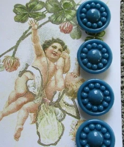 Set of 4 Vintage 3/4" Teal Blue Dot Glass Buttons~Pre WWII~new/old stock - Picture 1 of 1