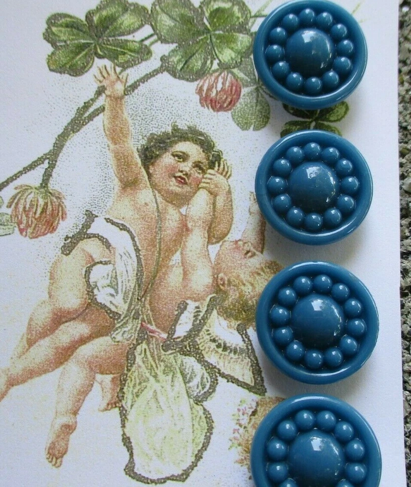 Set of 4 Vintage 3/4" Teal Blue Dot Glass Buttons~Pre WWII~new/old stock - Image 1 of 1
