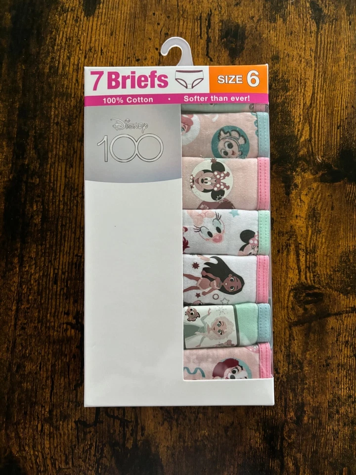 Disney 100 year anniversary GIRLS 7 PACK CHARACTER UNDERWEAR size 6 Open Box