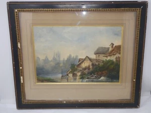 VINTAGE ANTIQUE TOSSERET SIGNED RIVER VILLAGE EUROPEAN ART PAINTING FRAMED - Picture 1 of 9