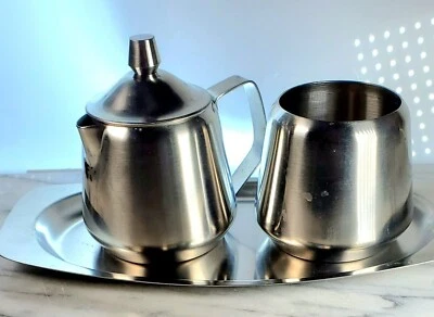 Azúcar y crema Oneida 1970 vintage de acero inoxidable 18/8 con plato a juego Japón Foto 1 de 4