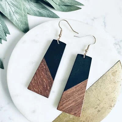 Pendientes Bohemios de Barra de Resina y Madera Negra Geo Boho Minimalista NUEVO Neutro Foto 1 de 3