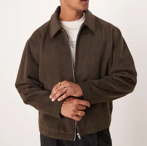 Mens Plain Full Zip Up Oversized Cropped Harrington Wool Look Jacket Brown - Picture 1 of 3