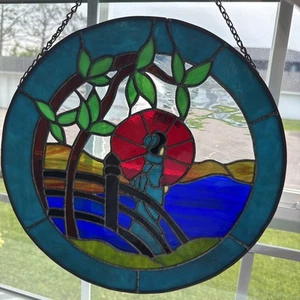 Vintage 14" Stain Glass Sun Catcher Outdoor Scene - No Chips Or Cracks - Picture 1 of 6