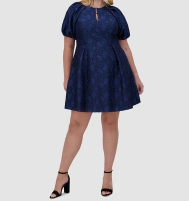 Vince Camuto Women's Blue Puff-Sleeve Jacquard Fit & Flare Dress Plus Size 22W - Image 1 of 4