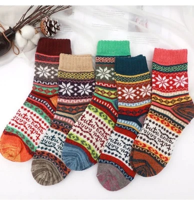 5 pares de calcetines térmicos de lana cálidos de invierno tejidos nórdicos gruesos conjunto de regalo para damas Foto 1 de 4