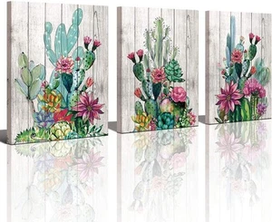 3 Piece Framed Wall Art Watercolor Tropical Plant Desert 16x24x3, Green - Picture 1 of 7