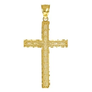 14k Yellow Gold Diamond Cut Leaf Pattern Cross Pendant 1.9" 4.2 grams - Picture 1 of 4