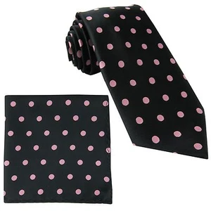 New Men's Poly Woven Necktie & Pocket Square Hankie Polka Dots Black Light Pink - Picture 1 of 3