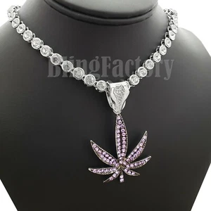 Iced Marihuana Weed Leaf Pendant & 6mm 20" CZ Choker Chain Hip Hop Necklace - Picture 1 of 12