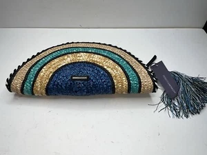 Rebecca Minkoff Blue Aqua Tan Striped Straw Taco-Shaped Clutch Purse NEW - Picture 1 of 16