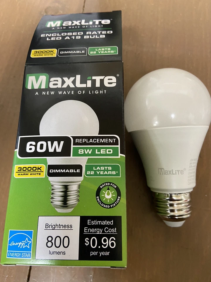 MaxLite ENCLOSED RATED 8 WATT DIMMABLE LED OMNI A19 3000K GEN 1 - Image 1 of 1