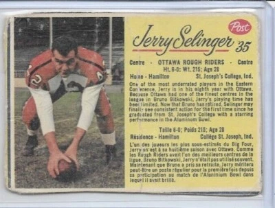 Jerry Selinger Ottawa Rough Riders 1963 Post CFL Football Card #35 - Image 1 of 2