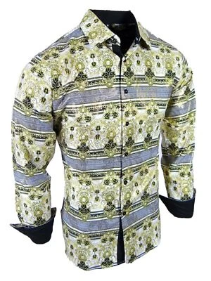Camisa Para Hombre Blanca Italiana Rayas Floral Brillante Lámina Dorada Abotonada Sedosa Elastizada Foto 1 de 4