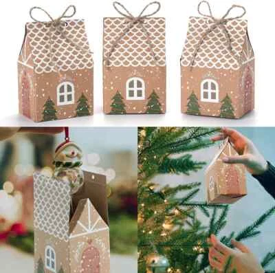 I&G ECO Christmas Paper House Party Favour Candy Sweets Gift Box Ribbon Xmas Bag Set