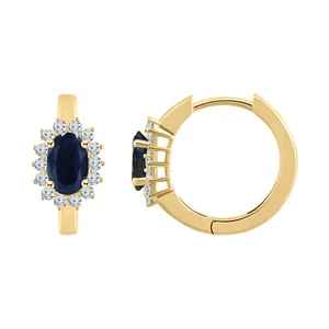 14K Yellow Gold Plated Silver Sapphire & Round Diamond Oval Hoop Earrings - Picture 1 of 2
