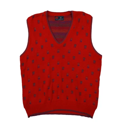 Chaleco Suéter Vintage Isla de Algodón Rojo Geo Estampado Para Hombre Talla Grande Hecho en EE. UU. Foto 1 de 4