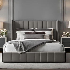 Letto matrimoniale ottomano con pannello alare - velluto grigio con contenitore - struttura 4 piedi 6 - 48 pollici - Foto 1 di 11