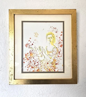 Mid Century Watercolor Signed "TAJ" 1958 Female Portrait Modernist Art Gold Gilt - Image 1 of 4