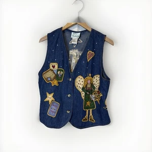 The Quaker Factory Women Denim Vest Medium Angel Theme Rhinestones Patches - Picture 1 of 6