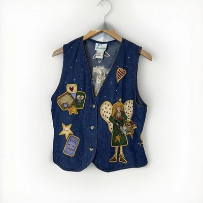 The Quaker Factory Women Denim Vest Medium Angel Theme Rhinestones Patches - Image 1 of 4