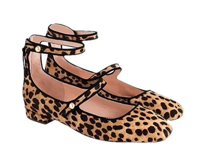 J Crew Amapola Dos Correas Ballet Planos Guepardo Leopardo Pelo de becerro Talla 7.5 Cuero Foto 1 de 4