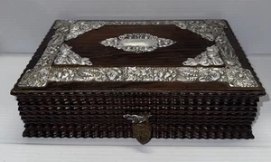 Antique Brazilian Jacaranda Carved Wood & Sterling repousse mounts On Top - Picture 1 of 15