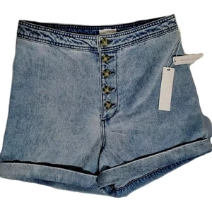 Denim Shorts 14 Blue Jean Exposed Button Fly High Waisted Cuffed Jorts Organic - Picture 1 of 10