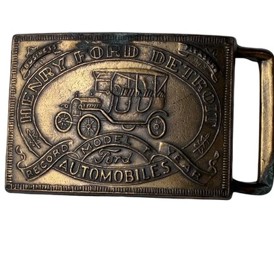 Hebilla de cinturón de latón Henry Ford vintage modelo T automóvil Detroit Record año Foto 1 de 4
