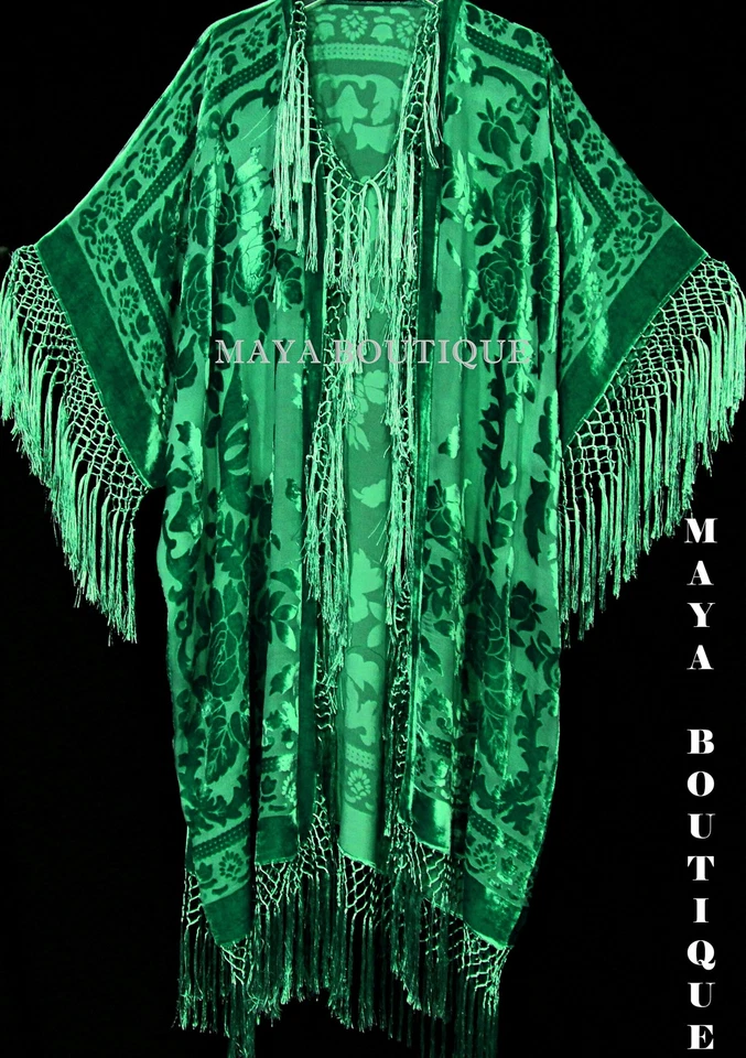 Emerald Green Silk Burnout Velvet Fringe Jacket Kimono Duster Maya Matazaro Plus - Image 1 of 1