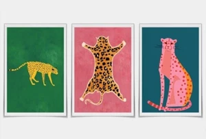 Set Of 3 Wild Cats Cheetah Leopard 12.75x16.75 Canvas Art Posters Colorful Fun - Picture 1 of 5