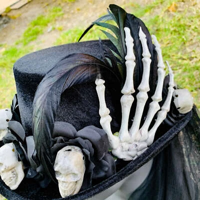 Voodoo Black Rose & Skeleton Hand And Skull Feather Costume Halloween Top Hat - Image 1 of 4