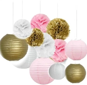 Since Set of 12 Mixed Gold Pink White Tissue Paper Pom Poms Flower - Picture 1 of 1