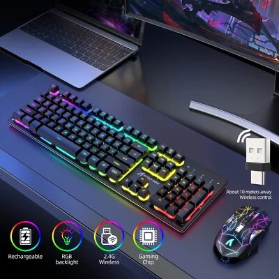 2.4GHz Wireless Keyboard And Mouse Set UK USB Dongle Rainbow LED For PC Laptop - Image 1 of 4