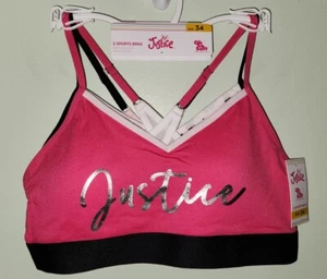Justice Girls SIZE 34 Sports Bras SET OF 2 Pink Black Print Solid Logo #10722 - Picture 1 of 5