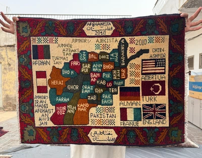 2x3 Colorful Afghan Map Pictorial Rug – Tribal Handmade Wool Carpet – Unique - Image 1 of 4