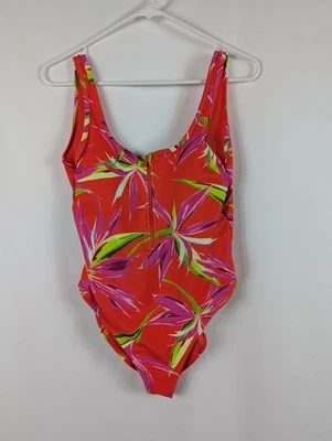Traje de baño antiguo azul marino naranja floral media cremallera traje de baño de una pieza tropical talla M Foto 1 de 4