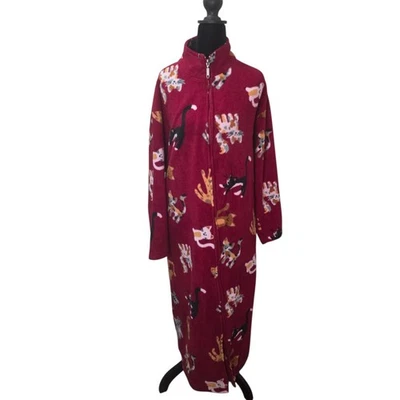 Adonna Fleece Zip Robe Women L/XL Red Cat Print Long Housecoat Warm Pajamas - Image 1 of 4