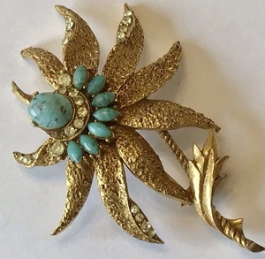 VINTAGE FLORENZA SIGNIERTE TÜRKIS STRASS BLUMEN BROSCHE - Bild 1 von 2