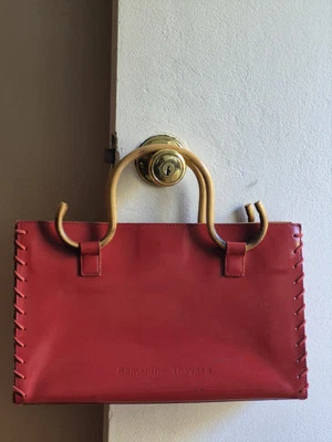 Vintage Samantha Thavasa Red Leather Bamboo Tote Top Handle Purse  - Image 1 of 4