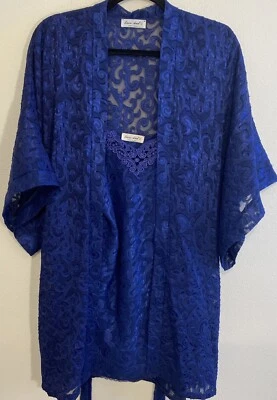 Vintage Lucie Ann II Babydoll Nightgown Robe Belt  BLUE Sheer Short LACE Medium - Image 1 of 4
