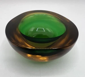 VTG MCM Murano Art Glass Geode Flavio Poli Bowl Ashtray Green Amber 2 x 3 1/2" - Picture 1 of 7