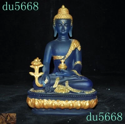 Antiguo budismo tibetano vidrio azul oro 24k dorado Shakyamuni medicina Buda estatua Foto 1 de 4