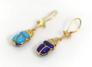 18kt – 750 Oro Amarillo Escarabajo Pendientes Lapislázuli + Turquesa Egipcio - Imagen 1 de 9
