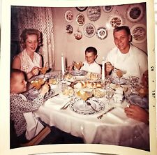 Vintage Old 1960's Color Photo American Family Mom Dad Boys at Dinner Table Eat