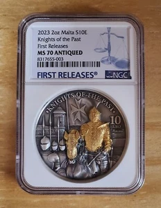 2023 Malta Knights Of The Past 2oz .9999 Silver NGC MS70 Antiqued First Releases - Picture 1 of 5