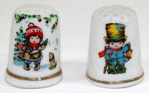 Vintage Drummer Boy w/ Dog & Little Rascal Ragamuffin Fine Porcelain Thimbles - Picture 1 of 3