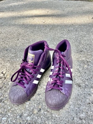 Adidas Pro Model High Top Sneakers Purple White Stripe Shoes Mens 9 Pro Line - Image 1 of 4