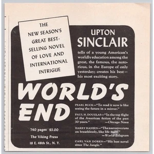 1940 Worlds End Novel Upton Sinclair Vtg Quarter Page Print Ad Best Selling Book - Picture 1 of 1