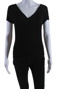 Sundry Womens Solid Black V-Neck Ruched Short Sleeve Basic Tee Top Size XS - Picture 1 of 6